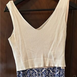 Seraphine White and Blue Ribbed Fitted Dress